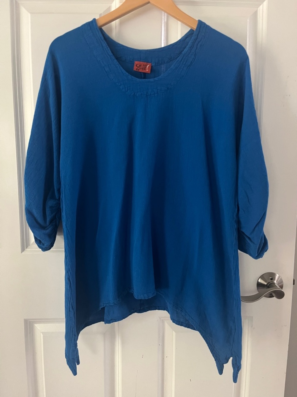 Oh My Gauze! Asymmetrical Hem Dolman 3/4 Sleeve Tunic Top blue sz 2 = L, XL